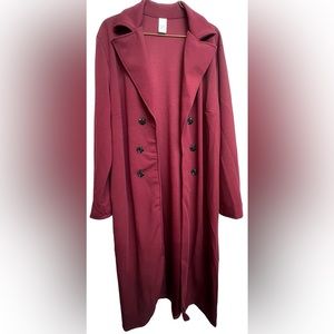NWOT Light weight Burgundy jacket. Open style 46” long black buttons- no brand